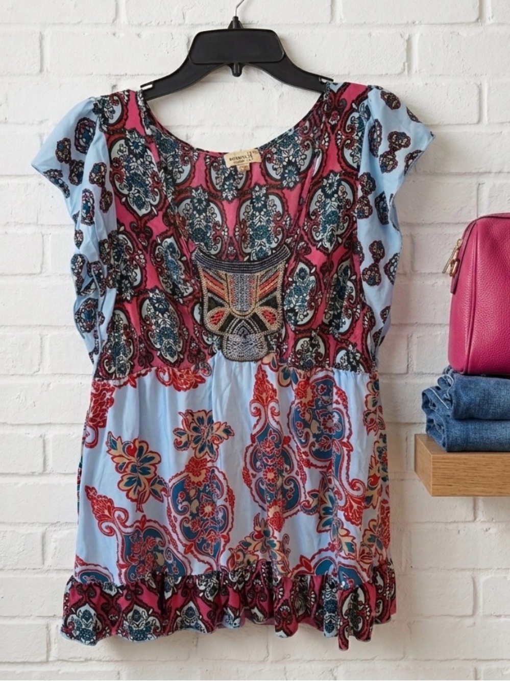 ONE WORLD Pink and Light Blue Boho Patchwork Top